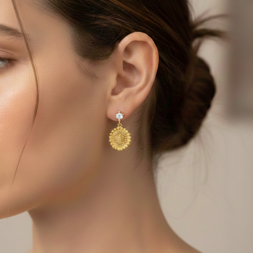 Tugra-Ohrring mit einem Zirkonia-Stein 14 Karat