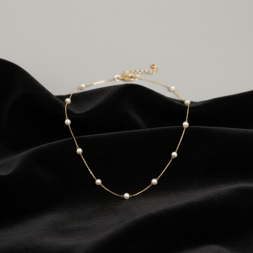 Perlenkette 585 Gold mit Süßwasserperlen & Dorika-Kugeln