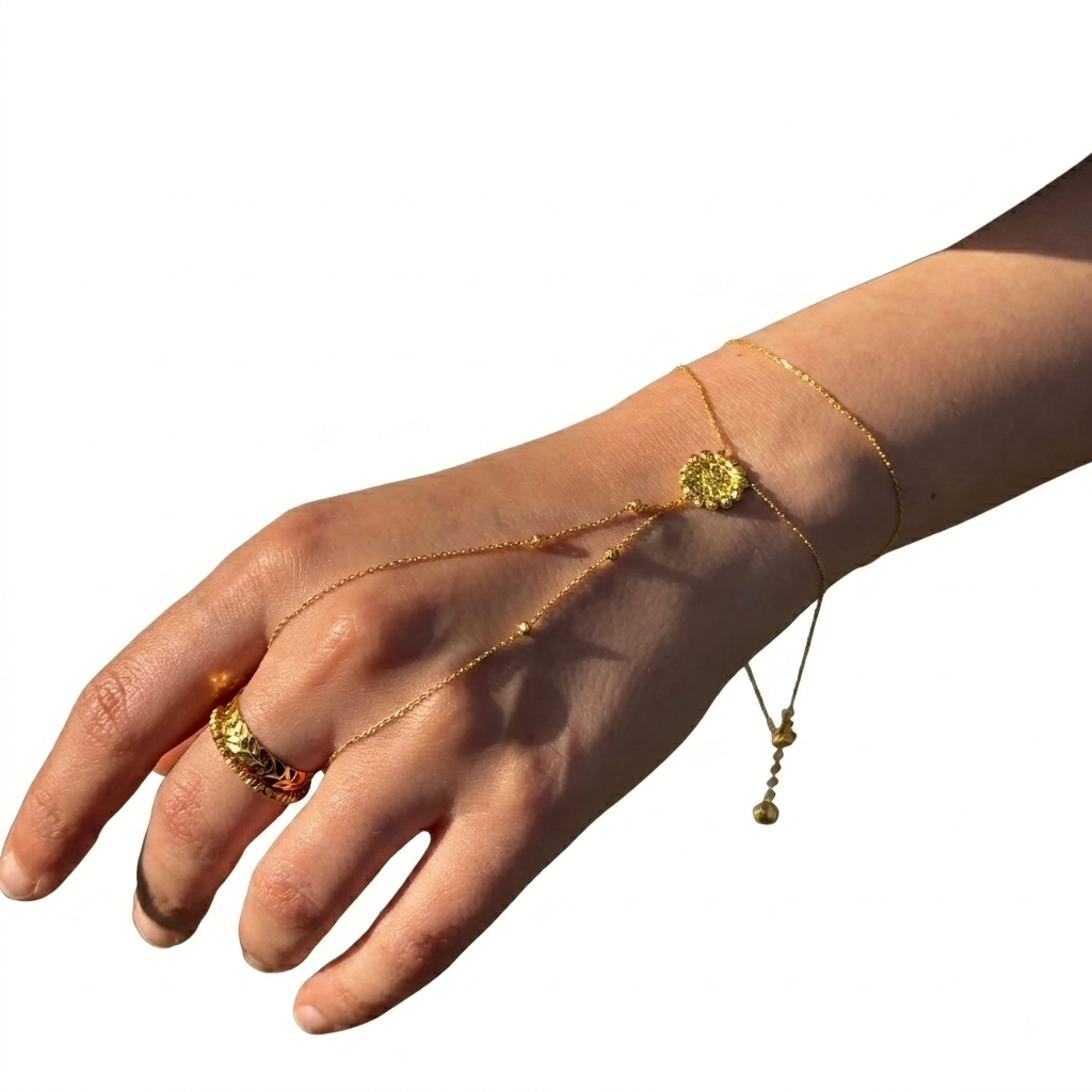 14k Gold Sahmeran Handkette Tura – Exklusive Damen Handkette aus Gold 585 freigestellt.