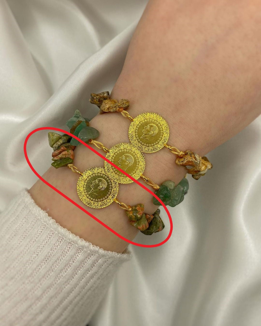 Natura Münzarmband mit Natursteinen ver. Farben