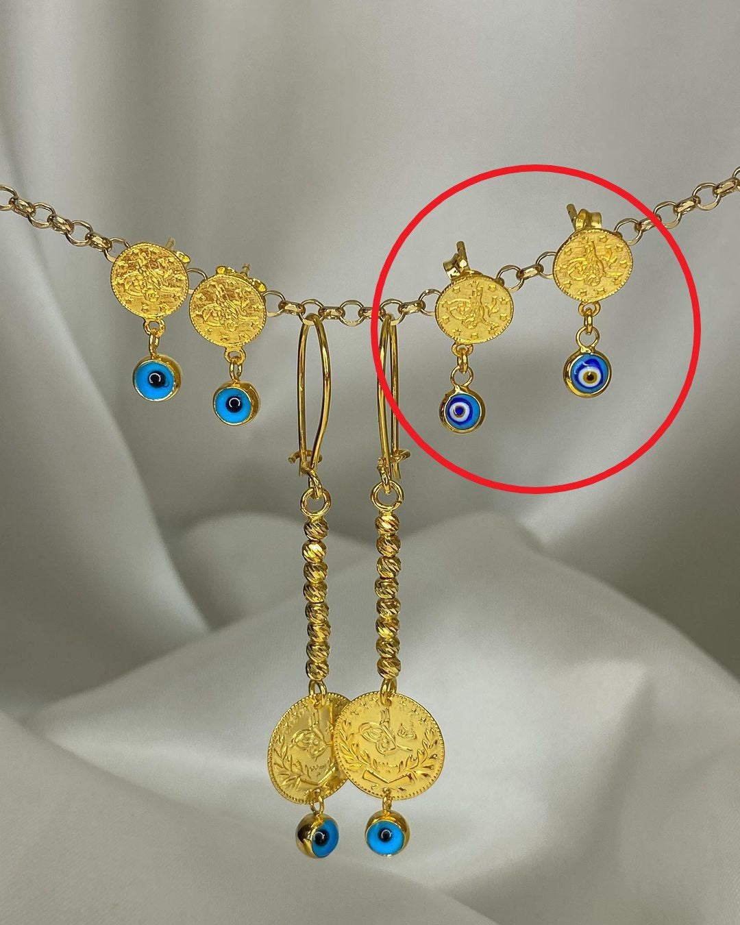 Gold-Münzohrringe mit Nazar-Symbol in ver. Varianten